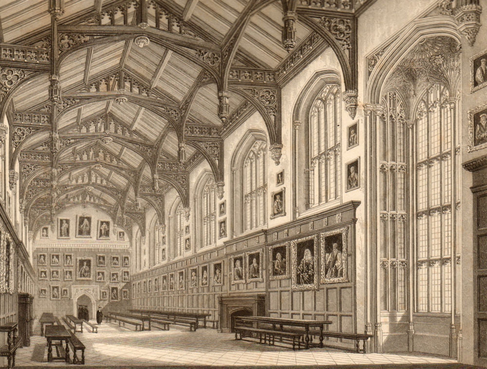 Interior of the hall, Christ Church College, Oxford, by John Le Keux 1837